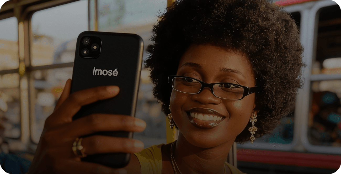 Woman taking a selfie with an Imose Mobile smartphone